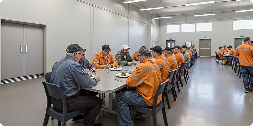Workforce team members in high-visibility uniforms dining in a large camp cafeteria.