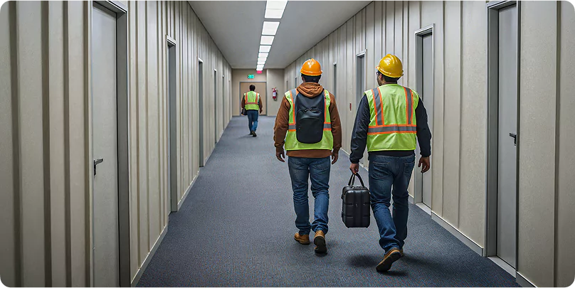 Workers in safety gear walking through a hallway of modular crew accommodation units with remote camp catering services.