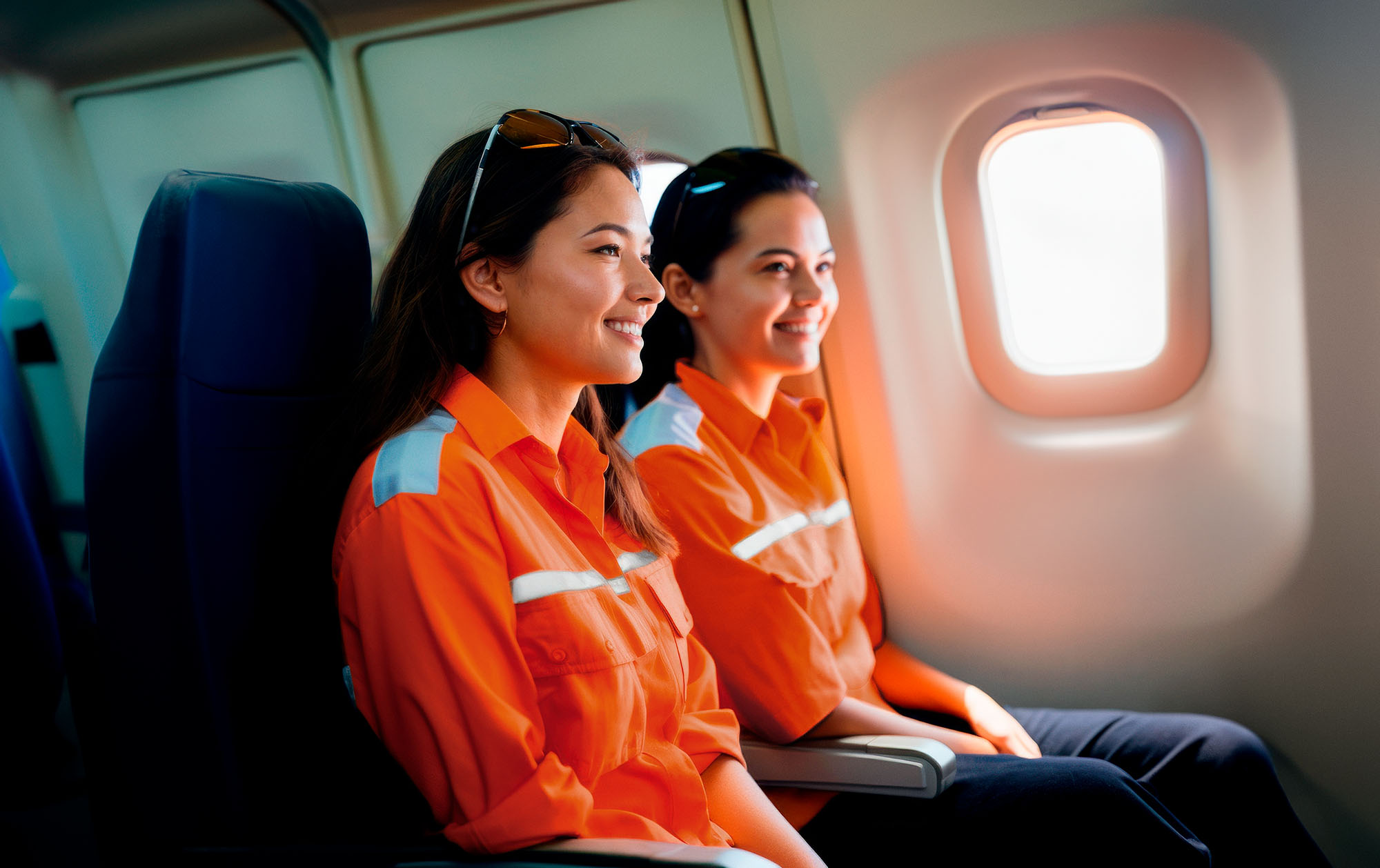 female-fifo-workers-smiling-seated-plane