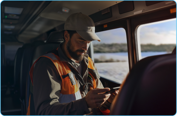 FIFO worker reads phone while being transported via bus to remote camp.