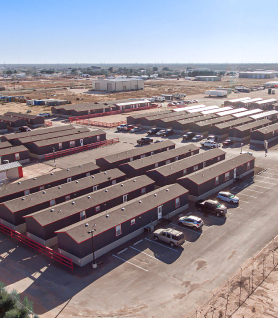 Aerial view of a large remote camp facility located in western Texas.