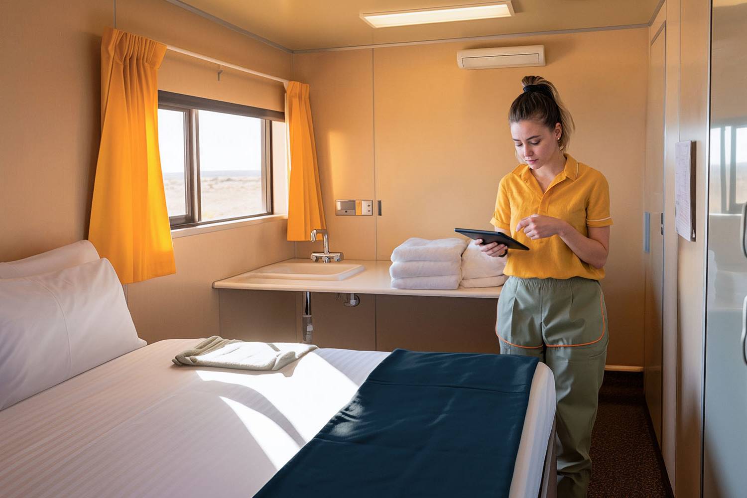 Remote camp attendant studies a tablet in a bedroom recently cleaned by her.