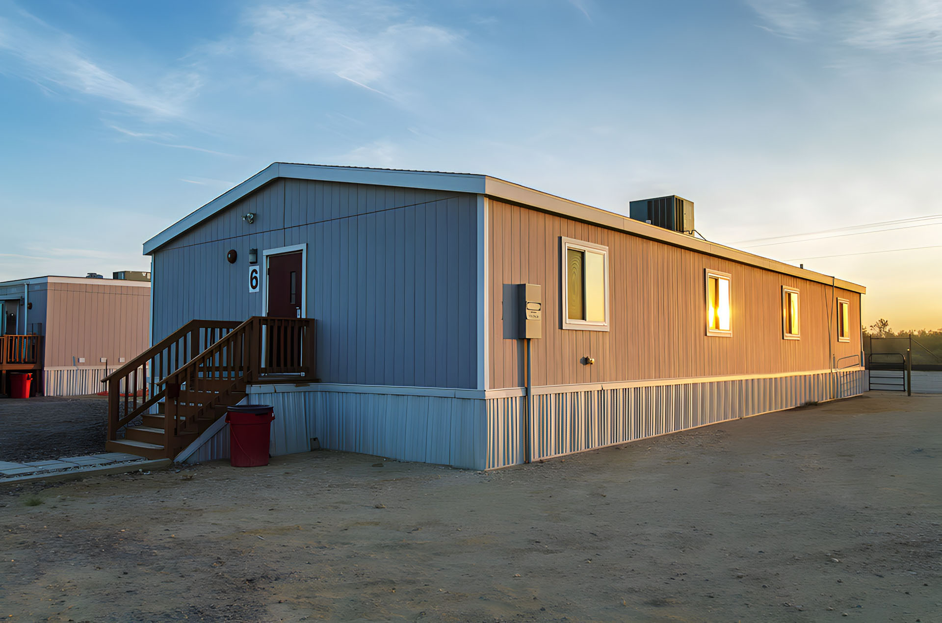 Side view of a portable modular structure in the Permian Basin, Texas.